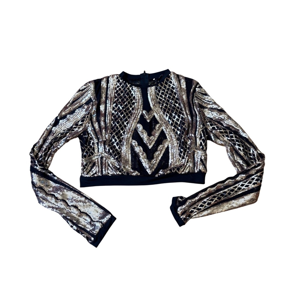 Banjul Crop Top Women‎ Black Gold Silver Sequin Geometric Long Sleeve SIZE Small